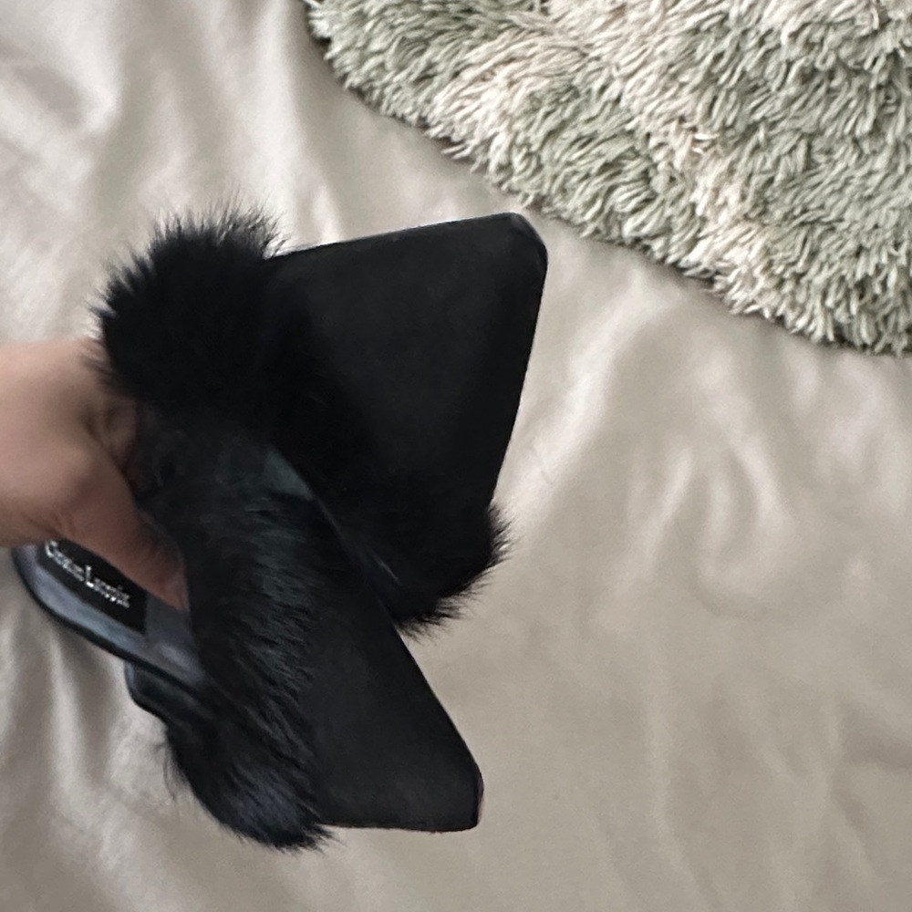 Christian Lacroix Black Feather Trim Mule Heels Pointed Toe Size 38 / 8 - Picture 3 of 4